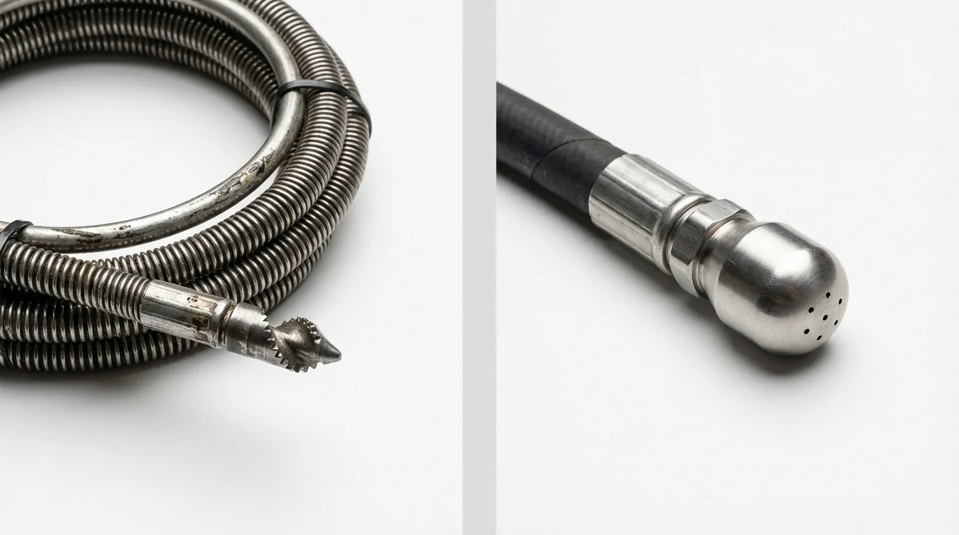 Drain snake cable and hydro jetting nozzle used for drain cleaning in Lewiston, MI