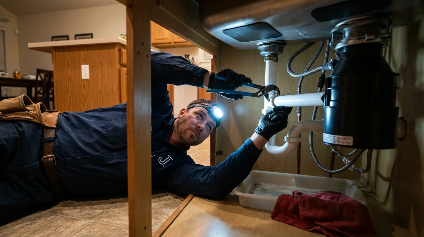 P-trap and supply line connections under a kitchen sink showing a common leak point in Lewiston, MI
